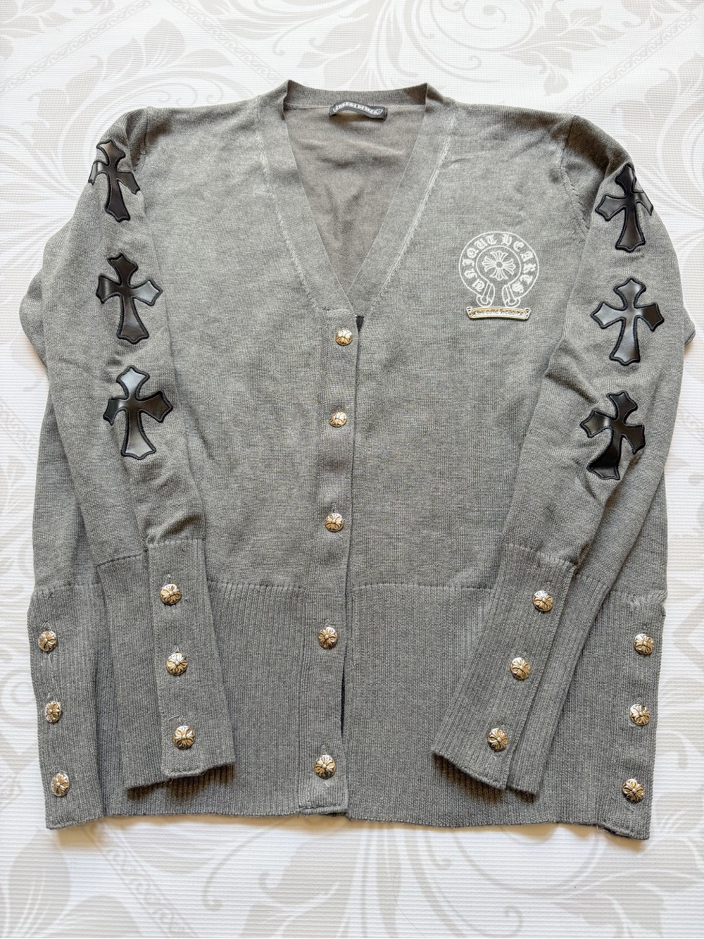 Chrome Hearts Grey Cardigan with Black Logo and Silver Cross Buttons